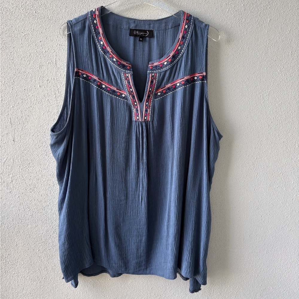 Whispers New York 2X Sleeveless V Neck Embroidered Boho‎ Top Gauzy Western Aztec